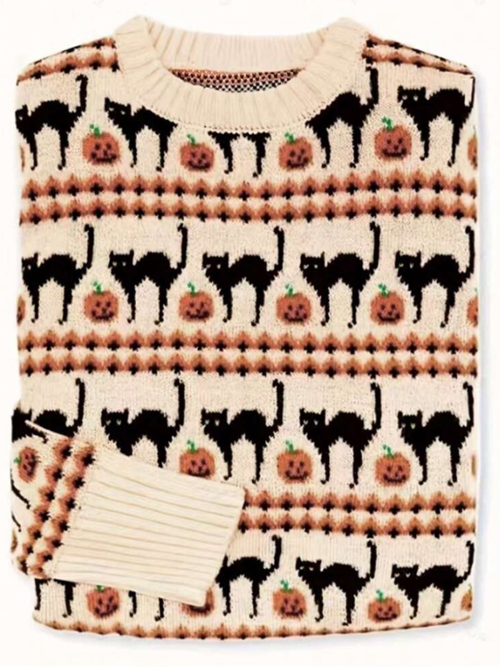 Halloween Cat & Pumpkin Knit Sweater - Cream & Black